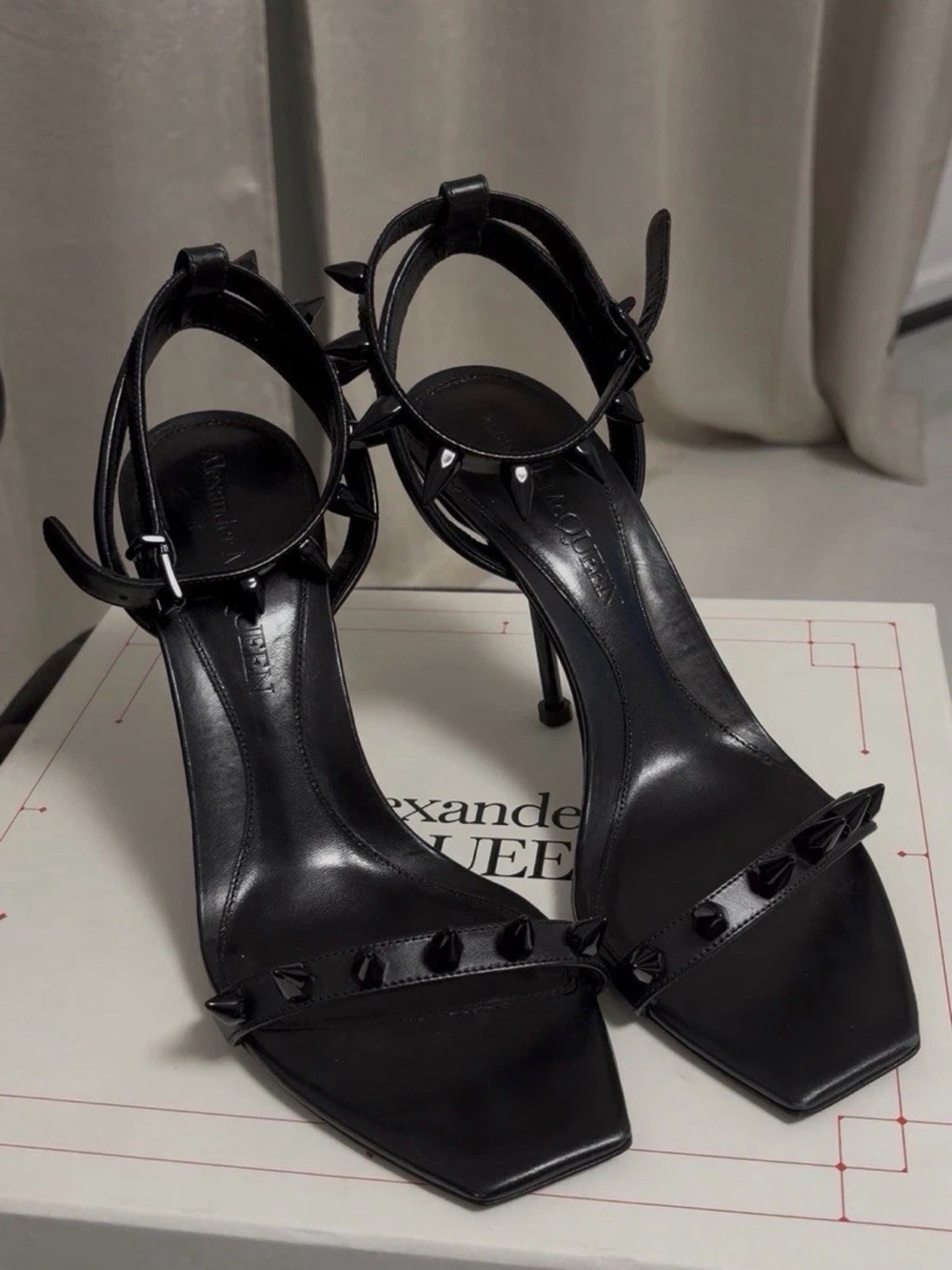Alexander McQueen Black Studded Square-Toe Stiletto Sandals with Ankle Straps